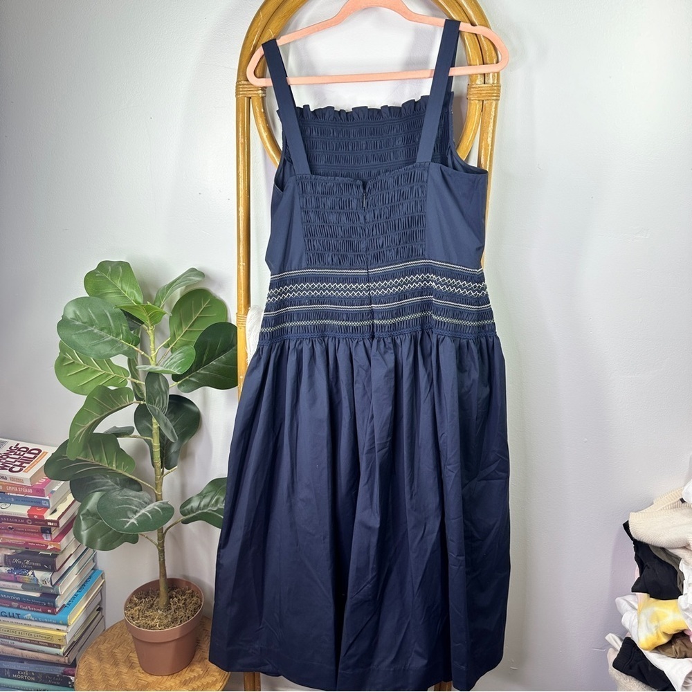 Jason Wu Smocked Drop Waist Midi Dress Navy Blue sz 14 - Picture 6 of 11